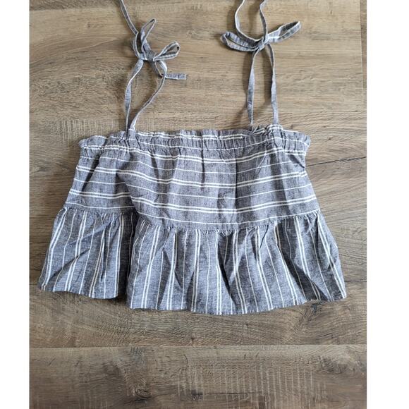 Roxy Gray White Striped Bikini Mood Linen Blend Swim Cover Top M NEW Cropped - Picture 2 of 6